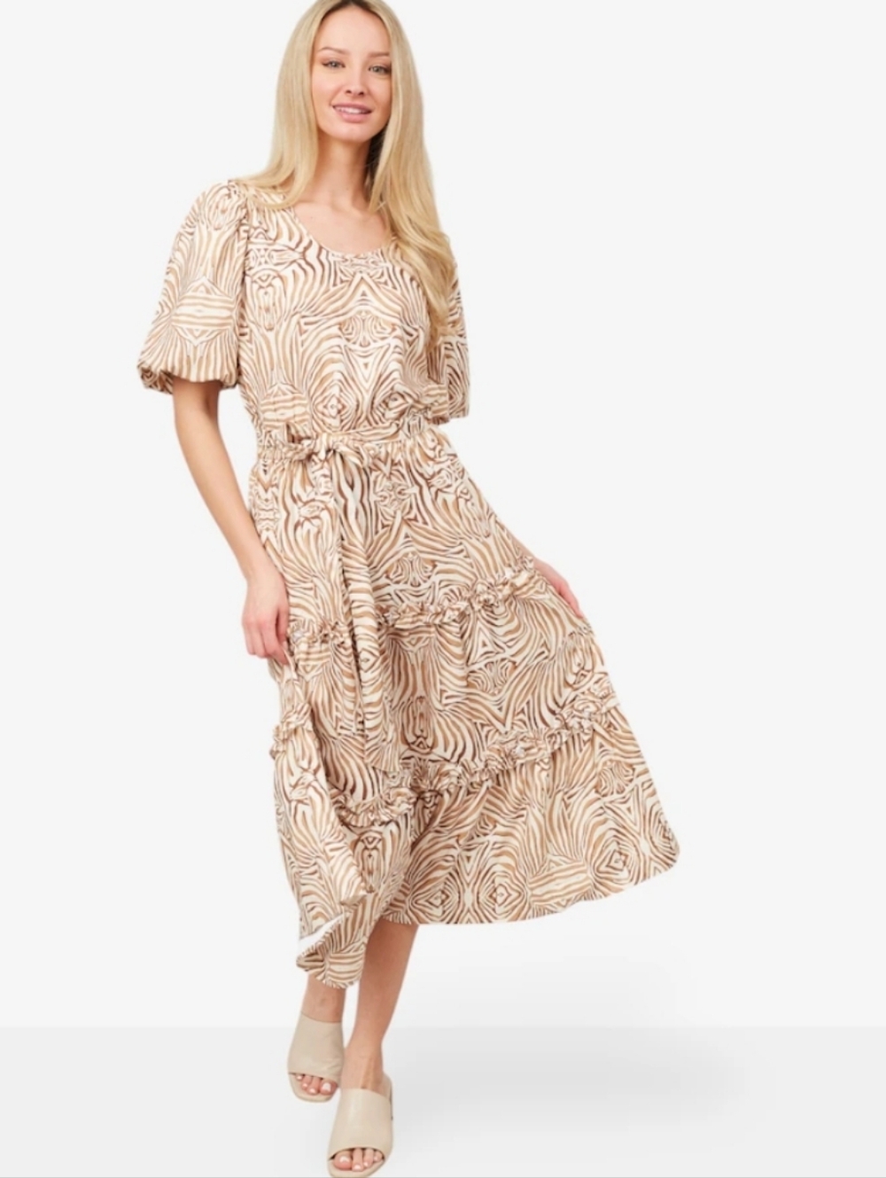 BRAND NEW WITH TAGS MARK & JAMES BADGLEY MISCHKA FLOWY TAN & CREAM DRESS SZ L